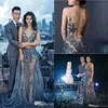 Mode Prom Klänningar Blå Appliques Sequins Evening Wear 2021 Sexiga Mermaid Dress Sweep Train Ärmlös Party Gowns