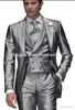 Shiny Silver Grey Groom Tuxedos Man Business Suit Prom Party Blazer Coat Waistcoat Troueres Sets (Jacket+Pants+Tie+Vest) K900