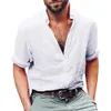 Lncdis Verano Nueva Moda Diaria Para Hombre Camisa Henley de Manga Larga Algodón Lino Playa Loose Fit Stand Tops Blusa Freeship N4 Y19070301