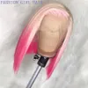 Ombre rosa kort spets front simulering mänskliga hår peruker 10- 16 tums brasilianska raka bob peruk pre plocked med baby hår syntetiska peruker