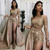 2020 Side Split Prom Dresses Sexy Arabic Gold Lace Beaded Long Sleeve Evening Wear Party Gown Robe De Soiree