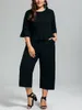 Plus size 4xl femininas sólidas negras soltas mulheres casuais 2 peiços conjunto ruffles blusa larga perna capri calças femininas ternos