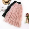 2019 летние женщины Boho длинная юбка с высокой талией оборками женщин пляж юбки розовый Jupe Femme Tulle юбка SAIA MIDI FALDAS LY191203