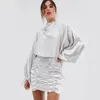 Women's Clubwear Drawstring Oversized Long Sleeve Loose Top and Ruched Silky Mini Dress with V-wrapped Cut-out Backless Casual Party Dress