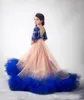 Luxury Princess Royal Blue Appliques Girls Pageant Dress Backless Bateau Neck Tulle Ruffles Flower Girls Dresses for Weddings Pageant Gown