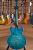 Memphis 335 Semi Hollow Figured Aquamarine Green Jazz Electric Guitar Flame Maple Top Side Back Little Pin Tone Pro Bridge B3183294