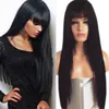 28inches Long natural Black Silk Straight simulation human Hair Wigs Heat Resistant Synthetic Lace Front Wig With Bangs For black Women