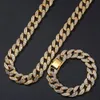 15mm 18k Guld Iced Out Miami Cuban Chain+Armband Combo Bling Hip Hop Jewelry Set Trendy Rapper Singer Fashion Accessories Whosales