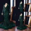 2020 Neue Sexy Pailletten Feder Dark Hunter Green Mermaid Afrikanische Ballkleider Lange Ärmel V-ausschnitt Pailletten Formale Abendkleid Party Kleider