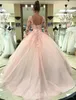 New Luxury Pink Quinceanera Dresses Ball Gown Sweetheart Lace Appliques Tulle Illusion Long Sleeves Sweet 16 Floor Length Pageant Prom Gowns