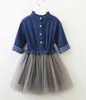 Kinder babykleding meisjes jurk ruche lange mouwen denim mesh patchwork jurken schattige prinses jurk