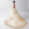 Długie Trailing Girl's Pageant Urodziny Dress Gold Tulle Cekiny Kwiaty Dziewczyna Princess Dress Fluffy Kids First Communion Sukienki