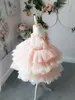 홍당무 사랑스러운 핑크 꽃 드레스 목 V 짧은 계층 프릴 레이스 꽃 가운 대회는 뚱뚱한 발레 미니 드레스를 생일