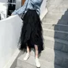 Sweet Ruffled Irregular Maxi Long Tulle Skirts Fairy A-line Pleated Tiered Layered Skirt Flounced Long Tutu Mesh Skirt Adult