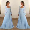 Elegante Sky Blue Pote A Linea Abiti da sera con maniche lunghe Sweetheart Scollatura fiore Chiffon Abiti da partito formale Donne Prom Gown