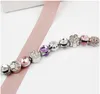 Moda 925 Sterling Silver Rosa Roxo Espumante Drops Flor Pulseira de Cristal Charme Europeu Beads Serve Para Pandora Charme Pulseiras Bangle