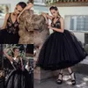 Black Lace Prom Dresses V Neck A Line Pleated Evening Gowns Plus Size Tea Length Tulle Tiered Formal Dress
