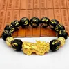 Feng Shui Obsidian Stone Beads Bracelet Men Women Unisex Wristband Gold Black Pixiu Wealth and Good Luck Women Bracelet