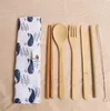 20 Styl Ekologiczne Bambusowe Flatware Zestaw sztućców 7 sztuk / zestaw Przenośne bambusowe Słomiane Zestaw Obiad z tkaniny Noże Worki Spoon Chopsticks