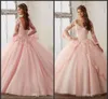 새로운 Quinceanera Pageant 공 가운 긴 소매 Vestidos de Quinceañera 댄스 파티 드레스 핑크 얇은 명주 그물 아플리케 레이스 섹시한 16 드레스