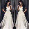 Plus Size Prom Vestidos com bolsos profunda pescoço v Branca A-Line Andar de comprimento Vestido formal Vestido de Noite Robe De Soiree abendkleider 2019