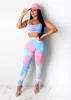 Adfvat arco-íris tingido tintura impresso dois pedaços conjunto mulheres sexy espaguete cinta top colheita empilhado legging calça outfit casual de3167