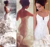 En Yeni Katedrali Tren Sevgiliye Denizkızı plaj düğün Elbise Boncuklu Dantel Ruffles Backless Lüks Pırıltılı Trompet Gelinlik Custom Made