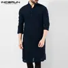 INCERUN Casual Men Shirt Cotton Long Sleeve Stand Collar Vintage Solid Stitched Long Tops Indian Kurta Suit Pakistani Shirt 5XL