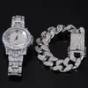 Hip Hop Bling Schmuck Herren Halskette Iced Out Diamant Miami Kubanische Gliederkette Gold Silber Uhr Halsketten Armband Set