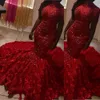 Sparkly Red Prom Dresses collo alto maniche lunghe 3D Rose Flowers Sweep Train Mermaid Abiti da sera Custom Size Celebrity Party Dres244B