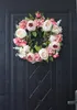 Konstgjord pion blomma krans - 15 "rosa blomma dörrkrans med gröna blad vårkrans för ytterdörr, bröllop, vägg, heminredning