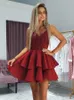 New Dark Red Homecoming Dresses with Spaghetti Straps Tiered Skirts Sequins Lace Appliqued Short Prom Formal Gown BC0002