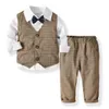 Gentleman Boy Vêtements pour enfants Bébé Ensembles de printemps col rabattu Chemise de couleur unie + Pantalon + Gilet à carreaux + cravate Ensembles de vêtements pour garçon Printemps Automne