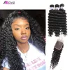 Allove Brazilian Weft Deep Wave 3pcs Peruvian Human Hair Bundles with Lace Closure Indian Extensions Wholesale for Women All Ages Jet Black 8-28inch