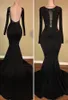 Backless Black Mermaid Długie Rękawy Prom Dress 2019 Nowy Projekt Illusion Aplikacje Zroszony Elastyczna Satin Długie Suknie Wieczorowe Robe de Soiree