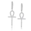 Boucles d'oreilles croix Ankh en Zircon glacé, couleur or argent, Micro pavé, pierre CZ scintillante, bijoux Hip Hop pour hommes et femmes