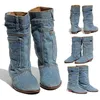 Sıcak satış-Kadınlar Moda Çizme Denim Malzeme Boots Kayma-on Orta buzağı Bootie Su geçirmez Sıcak Ayakkabı Ayakkabı Mujer booten XWX7151