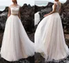 2 stycke Boho Beach Bröllopsklänningar Tulle Lång billig 2019 Cap Sleeve Scoop Lace Empire Waist Country Wedding Gowns Bridal Dress Vestido de