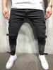 Mens Black Denim Slim Fit Jeans Mannelijke Skinny Potlood Broek Casual Cargo Broek Broek met Zakken Bandjes Gratis verzending