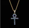Cor azul egípcio ankh chave de vida colar de vida 18k banhado a ouro Cruz de cobre pingente cúbico zirconia hip hop jóias