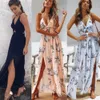 Boho sans manches en mousseline de soie fête soirée plage col en v Floral dos nu femmes robe d'été robes longue Maxi robe robe d'été