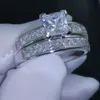 Groothandel-sieraden 10kt wit goud gevuld topaas prinses gesneden gesimuleerde diamant trouwring set geschenk met doos