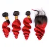 # 1B / Rouge Ombre Indien Vierge Cheveux Humains Lâche Vague Bundles Offres avec Fermeture 4Pcs Lot Rouge Ombre 4x4 Fermeture Avant de Lacet avec Tissages
