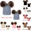 Fête Mode Parent-Enfant Tricot Chapeau Hiver Chaud Pom Bonnet Ski Cap Tête À Capuche Caps Pour Femmes Filles Enfants Avec Double Boule De Cheveux HH9-2418