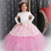 Kanat Uzun Kız Yarışması Elbise Pembe Çiçek Kız Elbise Prenses A Hattı Çocuklar Resmi Giyim Abiye aplike edildi Sweep Tren