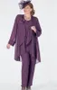 Purple Three Pieces Mother Of The Bride Suits Chiffon Jewel With Long Sleeves Jacket Formal Wearing Pants HY4026