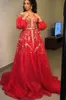 Nouveau venir bal marocaine caftan Robes perles broderie fente côté robes longues appliques robe de soirée rouge Cafutan Party-robes arabes de