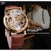 Vinnare Transparent Golden Case Luxury Casual Design Brown Leather Strap Mens Watches Top Brand Luxury Mechanical Skeleton Watch CJ215W