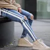 Europeu americano rua moda jeans masculino luz azul branco listra hip hop calças jeans magros homens destruído rasgado homme276n