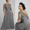 2020 Plus Size Grigio Abito per la madre della sposa Sposo Mezza manica Girocollo in pizzo Chiffon Lunghezza pavimento Abiti da sera formali Personalizzato M266p